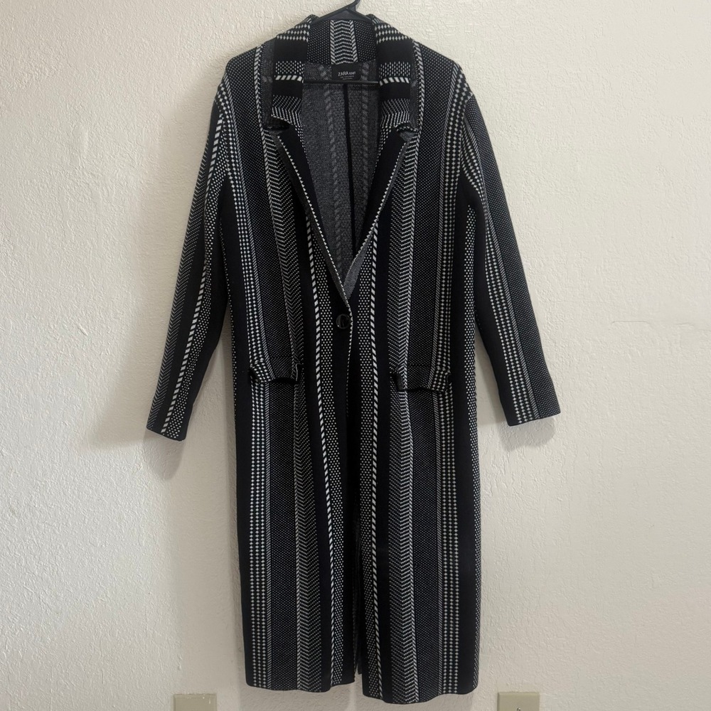 ZARA KNIT Striped Geometric Maxi Cardigan Sweater Jacket Women S Black White